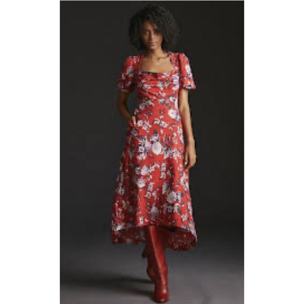 Anthropologie Red Floral Square-Neck Midi Dress